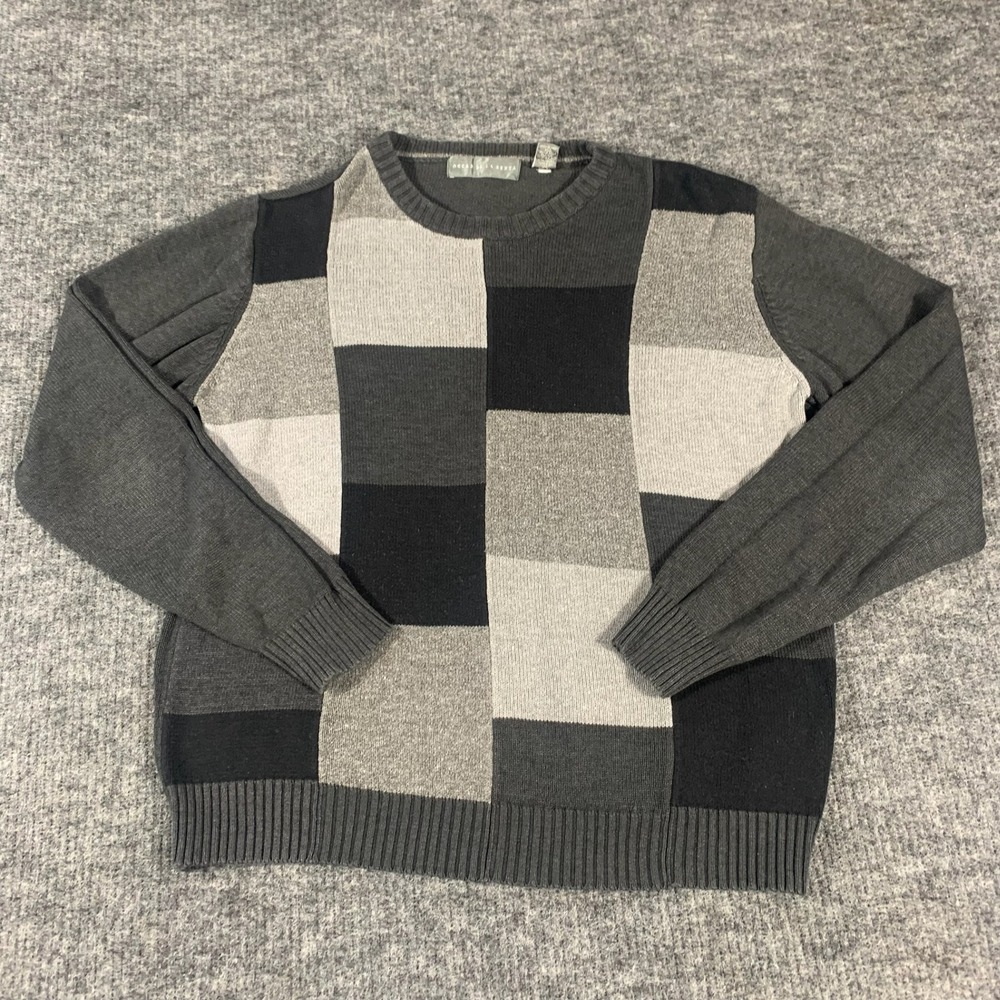 Oscar de la Renta Sweater Mens Large Grey Colorblock Patchwork Cotton Blend Y2K